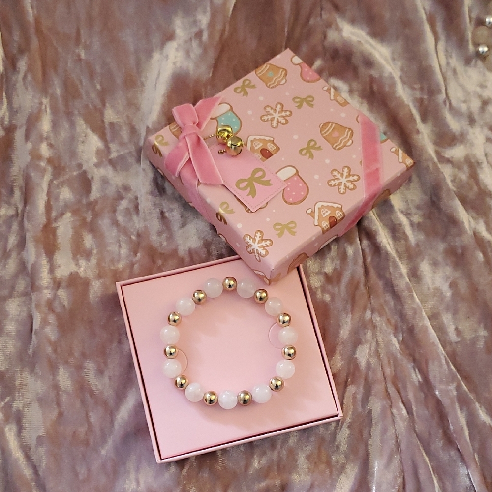 ROSE QUARTZ & Gold Bead Handmade Healing Stretch Bracelet Christmas Gift In Box